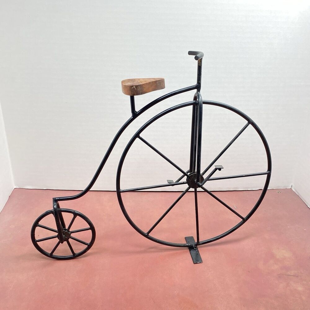 Vtg Style 12" Penny Farthing Bicycle Metal Sculpture Wooden Seat Freestanding